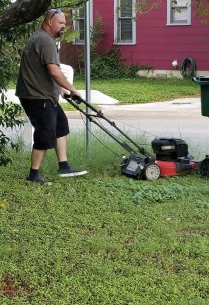 A father still mowing his ex-wife's lawn. 